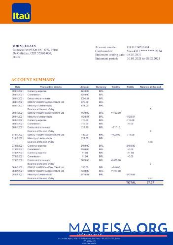 Printable Brazil Itau bank statement word example